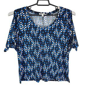 Women's Chaus New York Geometric Print Top Blouse Round Neck Cold Sleeve Tie M